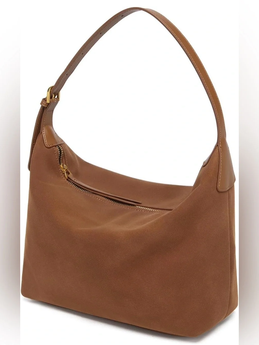 Classic Medium Brown Faux Suede Shoulder Hobo Bag with Adjustable Strap 10.6 in